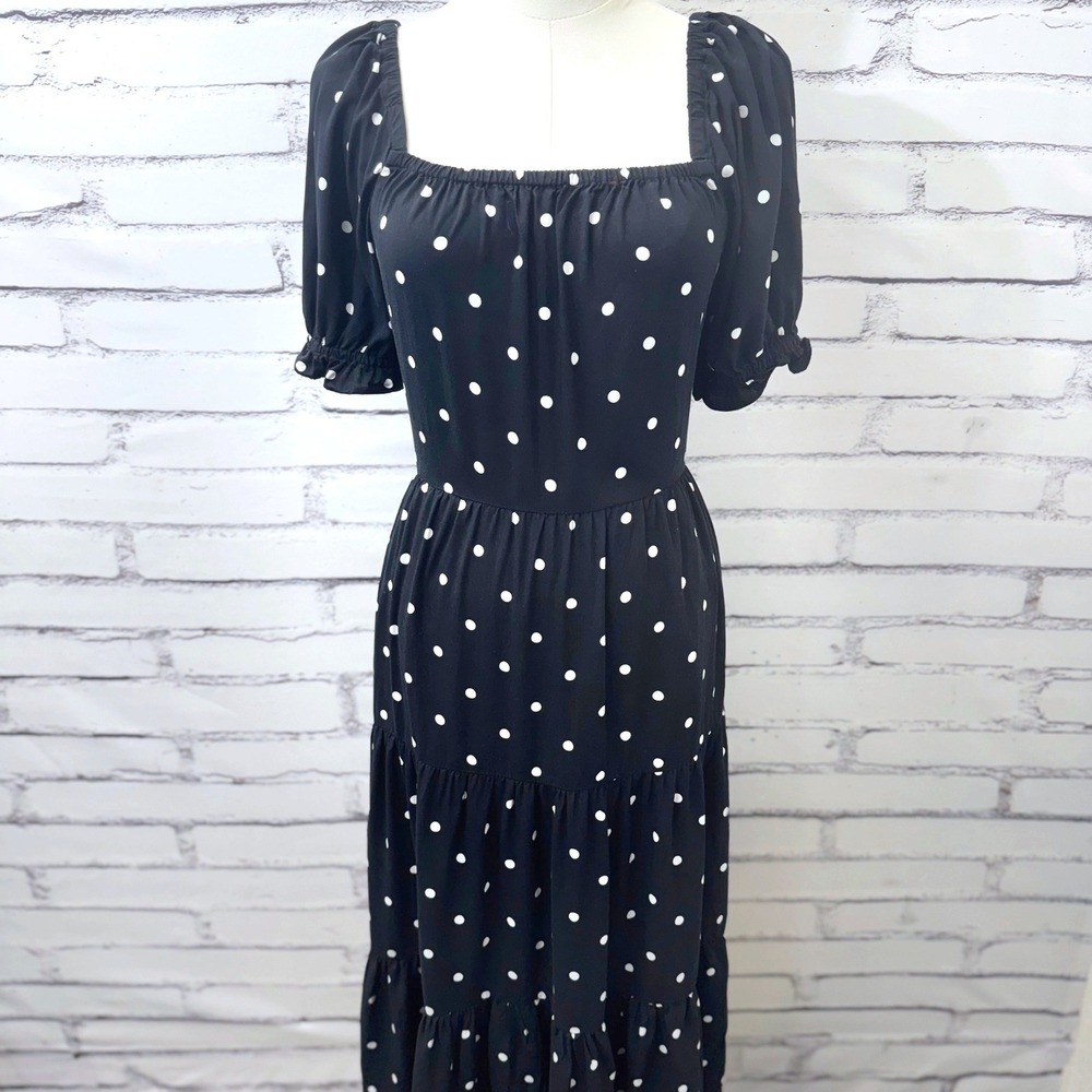 J.Crew Ecovero Milkmaid Polka Dot Tiered Midi Dress Black White XS Viscose‎